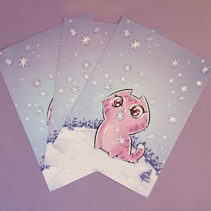 Cartoline del gatto delle nevi (inverno, vacanze, gattino, fiocco di neve, cartolina, auguri di buone feste)