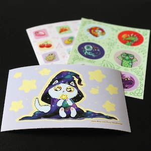Dos mini hojas de pegatinas (Foodcats, dragones, gatos simétricos)