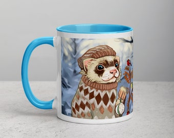 Winter Ferret Mug with Red/Blue Insides