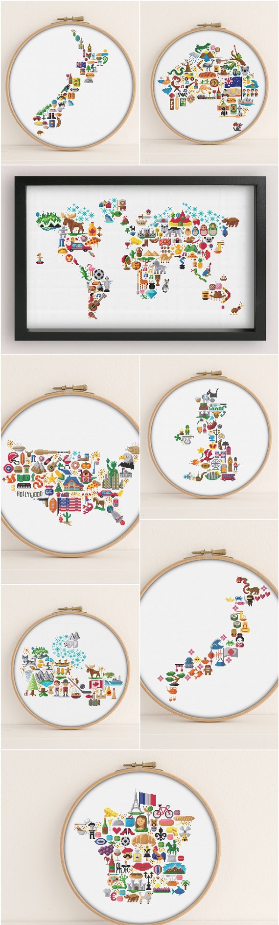 set of 7 maps 1 world map cross stitch patterns pdf etsy