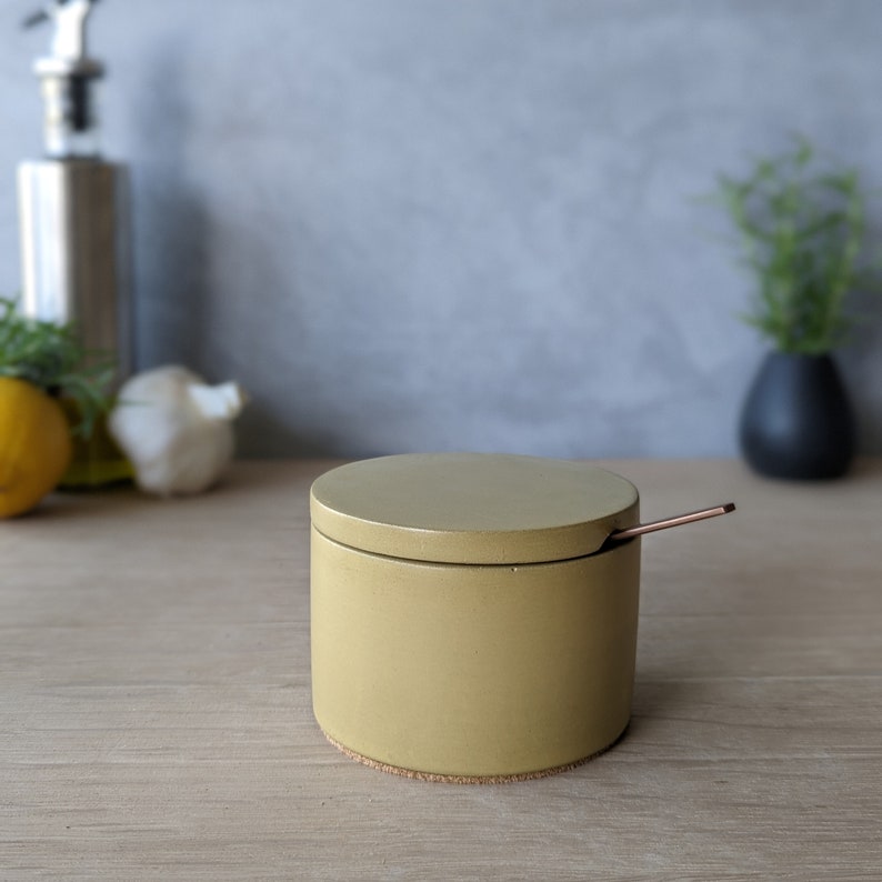 Concrete Salt Cellar with Lid Vintage Yellow