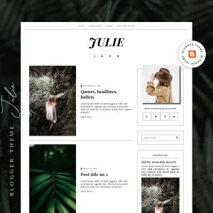 Puede incluir: Una plantilla de diseño de sitio web para un blog llamado "Julie" con un esquema de color verde y blanco. La plantilla presenta un encabezado grande con el nombre del blog, una sección de publicación destacada y una barra lateral con enlaces a redes sociales. Las publicaciones del blog se muestran en una disposición de cuadrícula con imágenes y texto.