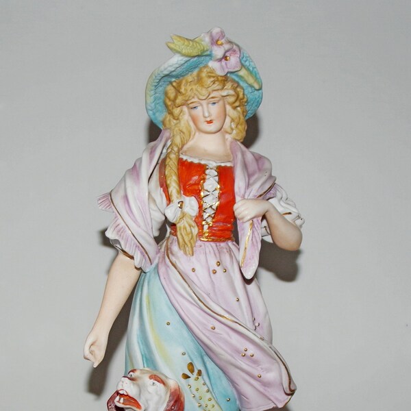 SCHEIBE ALSBACH Large GERMAN Painted Bisque Lady and Dog Figurine C19th