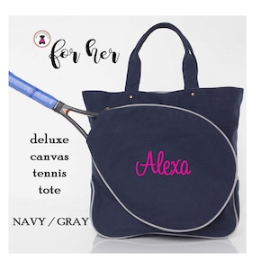 TENNIS Bag w Monogram-Navy/Gray Trim Canvas Tennis Tote-Free Ship.Grad Gift.Tennis Player.Tennis team.Sport Gift.Tennis Racquet Travel Bag