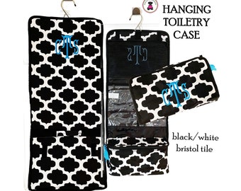 Hanging Toiletry Bag FOR HER w Monogram-Black/White Bristol Tile-Free Ship.Travel.Grad Gift.Flower Girl.Dancer.Bat Mitzvah.Bridesmaid Gift