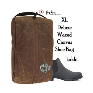FOR HER X Large Shoe Bag- KAKHI-Deluxe Waxed Canvas w Monogram-Free Ship.Boot Storage Bag.Traveler Gift.Grad Gift.Travel Shoe Bag