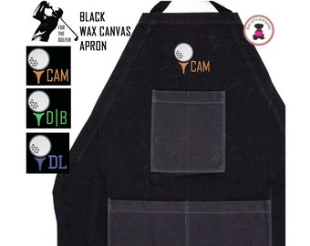 For the Golfer Monogrammed Waxed Canvas Apron with Golf Design1-Black-FREE SHIP/Groomsmen/Father's Day Gift/Golf Team Gift/Golfer Apron