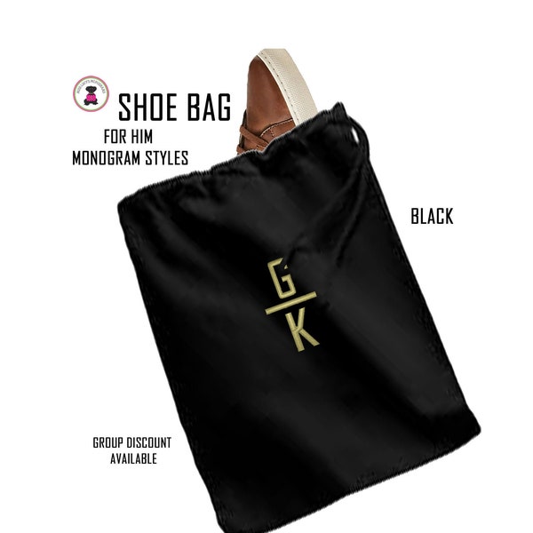 Shoe Bag w Monogram FOR HIM-Black-Free Ship-Men's Travel/Men's Shoe Bag/Groomsmen Gift/Father's Gift/Grad Gift/Groom Gift/Accessory Bag