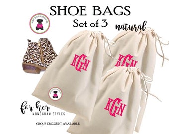 Shoe Bags-Set of 3 Shoe Bags w Monogram for Travel-Natural-Free Ship.Bridesmaid Gift.Grad Gift.Travel Bag.Shoe Storage Bag.Accessory Bag