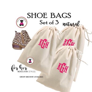 Shoe Bags-Set of 3 Shoe Bags w Monogram for Travel-Natural-Free Ship.Bridesmaid Gift.Grad Gift.Travel Bag.Shoe Storage Bag.Accessory Bag