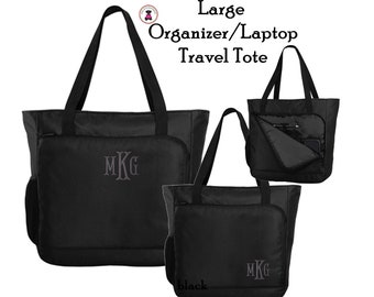 Laptop Large Travel Tote-Black-FOR HER with Monogram/Free Ship/Grad Gift/Gift for Her/Group Gift/Business Gift/Teacher Gift/Organizer Tote