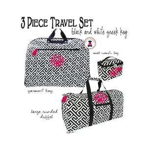 FOR HER Monogrammed 3 Piece Deluxe Travel Set with Garment Bag-Black & White Greek Key/Free Ship/Traveler Set/Bridesmaid Gift/Grad Gift