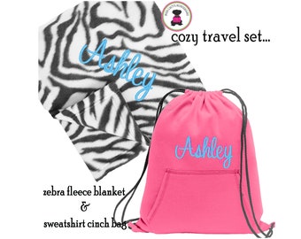 Fleece Travel Set-FOR HER w Monogram-Zebra Fleece Blanket &Neon Pink Sweatshirt Cinch Bag-Free Ship.Snuggle Set.Tween Travel.Birthday Gift