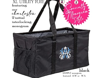 Carry It All Tote/xl Trunk Organizer-Black w Specialty CHARLESTON Monogram-Free Ship.Grocery.Tailgate tote.Car Bag.Beach Tote.Teacher Gift