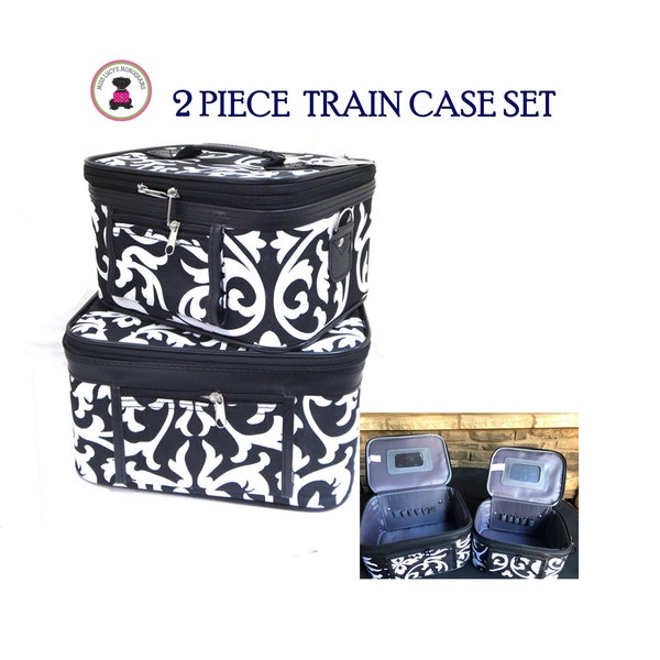 TRAIN CASE Travel Set- Black and White Damask-Free Ship/Bridesmaid Gift/Make Up Case/Grad Gift/Mom Gift/Dancer/Cheer Team Gift/Travel Cases