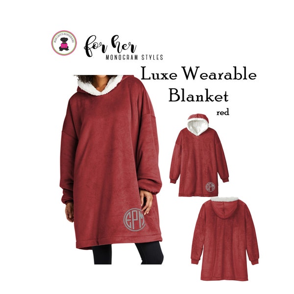 Hoodie Wearable Luxe Blanket w Monogram-Red-FREE SHIP.College Gift.Outdoor Blanket.Cozy Blanket.Christmas Gift.Gift for Her.Team gift