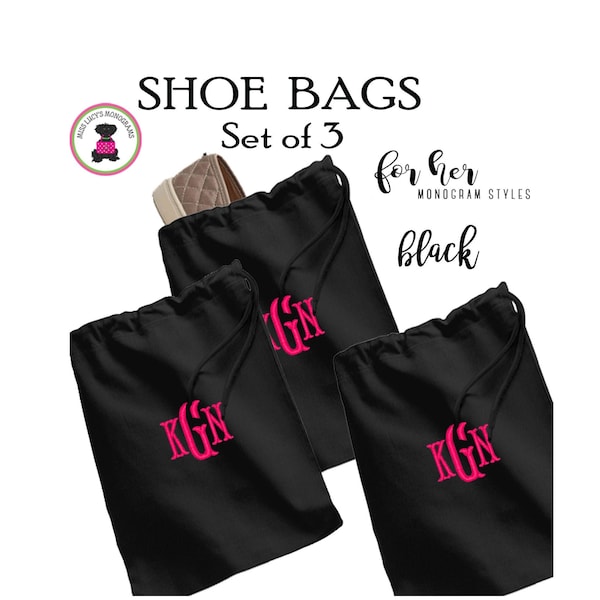 Shoe Bags-Black-Set of 3 w FOR HER Monogram-Free Ship.Bridesmaid Gift.Grad Gift.Bride Gift.Bridesmaid Gift.Travel Organizer Bags