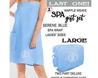 Spa Gift Set w Monogram-LARGE Spa Wrap SERENE BLUE & Matching Waffle Cosmetic Case-Free Ship.Grad Gift.Mom Gift. Vacation Set.Bridal Gift