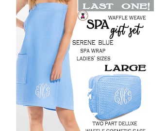 Spa Gift Set w Monogram-LARGE Spa Wrap SERENE BLUE & Matching Waffle Cosmetic Case-Free Ship.Grad Gift.Mom Gift. Vacation Set.Bridal Gift
