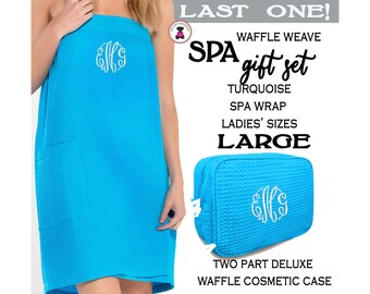 Spa Gift Set w Monogram-LARGE Spa Wrap TURQUOISE & Matching Waffle Cosmetic Case-Free Ship.Grad Gift.Mom Gift. Vacation Set.Birthday Gift