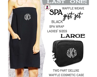 Spa Gift Set w Monogram-LARGE Spa Wrap BLACK & Matching Waffle Cosmetic Case-Free Ship.Grad Gift.Mom Gift. Vacation Set.Bridal Shower Gift