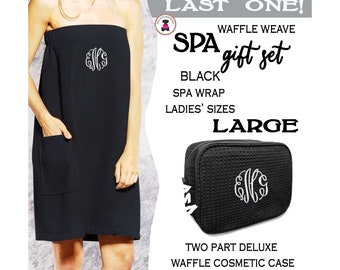 Spa Gift Set w Monogram-LARGE Spa Wrap BLACK & Matching Waffle Cosmetic Case-Free Ship.Grad Gift.Mom Gift. Vacation Set.Bridal Shower Gift