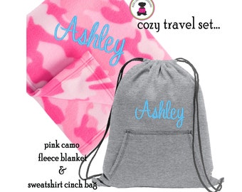 Fleece Travel Set-FOR HER w Monogram-Pink Camo Fleece Blanket & Gray Sweatshirt Cinch Bag-Free Ship.Snuggle Set.Tween Travel.Birthday Gift