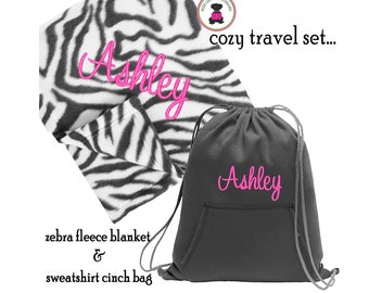 Fleece Travel Set-FOR HER w Monogram-Zebra Fleece Blanket & Black Sweatshirt Cinch Bag-Free Ship.Snuggle Set.Tween Travel.Birthday Gift