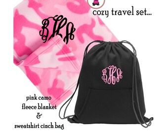 Fleece Travel Set-FOR HER w Monogram-Pink Camo Fleece Blanket & Black Sweatshirt Cinch Bag-Free Ship.Snuggle Set.Tween Travel.Birthday Gift