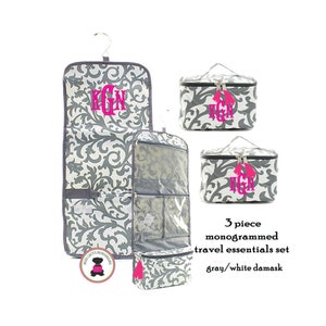 3 Piece Travel Essentials Set w Monogram FOR HER-Gray/white Damask-Free Ship/Grad Gift/Bridesmaid Gift/Travel Set/Dancer Bag/Bat Mitzvah