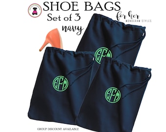 Navy Shoe Bags-Set of 3 w Monogram-FOR HER-Free Ship.Traveler Gift.Grad Gift.Bride Gift.Employee Gift.Travel Organize Bag