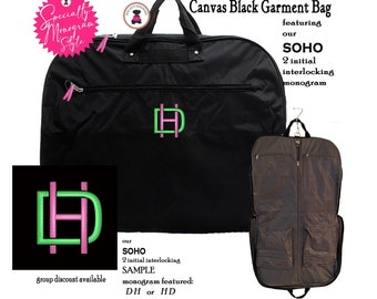 Garment Bag FOR HER w SOHO Specialty Monogram-Canvas Bag-Black-Free Ship.Travel Bag.Bridesmaid Gift.Grad Gift.Cheer Bag.Dancer Bag.Dress Bag