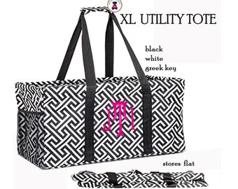 XL Carry It All Tote-FOR HER w Monogram-Trunk Organizer-Blk&White Greek Key-Free Ship-Grocery Tote.Picnic Tote.Sport Tailgate Tote.Toy Tote