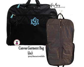 Garment Bag-Black-FOR HER w Monogram-Canvas Garment Bag-Free Ship.Bridesmaid Gift.Grad Gift.Cheer Gift.Dancer Bag.Mom Gift.Travel Dress Bag