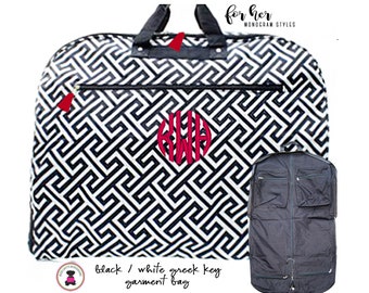 Canvas Garment Bag with Monogram/Black&White Greek Key-Free Ship/Dress Bag/Bridesmaid Gift/Grad Gift/Dresst/Cheer/DancerGift/Group Discount