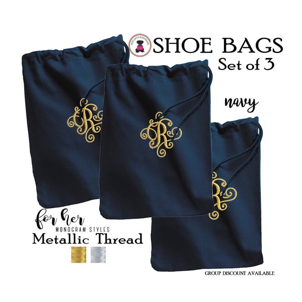 Travel Navy Shoe Bag Set of 3 w Metallic Thread Monogram-FOR HER Shoe Bags-Free Ship.Bridesmaid Gift.Grad Gift.Bride Gift.Traveler Gift