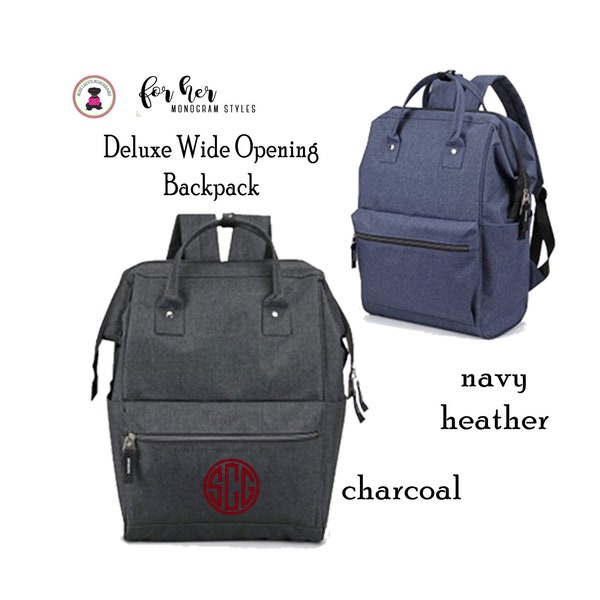 FOR HER Monogrammed Deluxe Wide Opening Backpack-Charcoal or Navy Heather-Free Ship/Grad Gift/Business/Corporate/Teacher/Diaper Bag