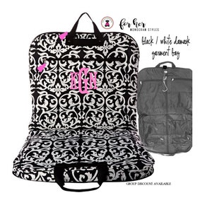 Canvas Garment Bag with Monogram/Black&White Damask-Free Ship/Dress Bag/Bridesmaid Gift/Grad Gift/Cheer/DancerGift/Group Discount