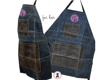 Apron-Slate-FOR HER w Monogram-Waxed Canvas Heavy Duty-Free Ship