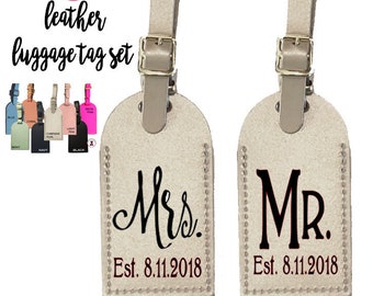 Newlywed Set of 2 Leather Luggage Tags-Customized AS SHOWN-Mr./Mrs. and Date-Free Ship/Newlywed Gift/Personalized Bride Gift/Mr and Mrs Gift