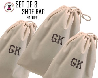 Shoe Bags-Set of 3-w Monogram FOR HIM-Natural-Free Ship.Men’s Shoe Bag.Groomsmen Gift.Father’s Day Gift.Grad Gift.Luggage Organizer Bags.