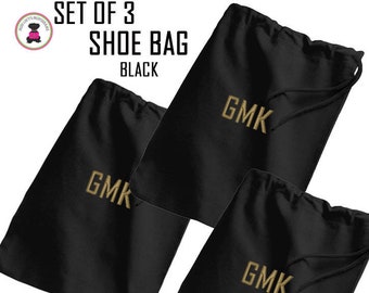 Shoe Bags-Set of 3-w Monogram FOR HIM-Black-Free Ship.Men's Shoe Bag.Groomsmen Gift.Father's Day Gift.Grad Gift.Luggage Organizer Bags.