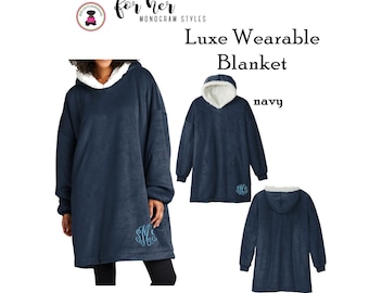 Hoodie Wearable Luxe Blanket w Monogram-Navy-FREE SHIP.College Gift.Outdoor Blanket.Cozy Blanket.Christmas Gift.Gift for Her.Team gift