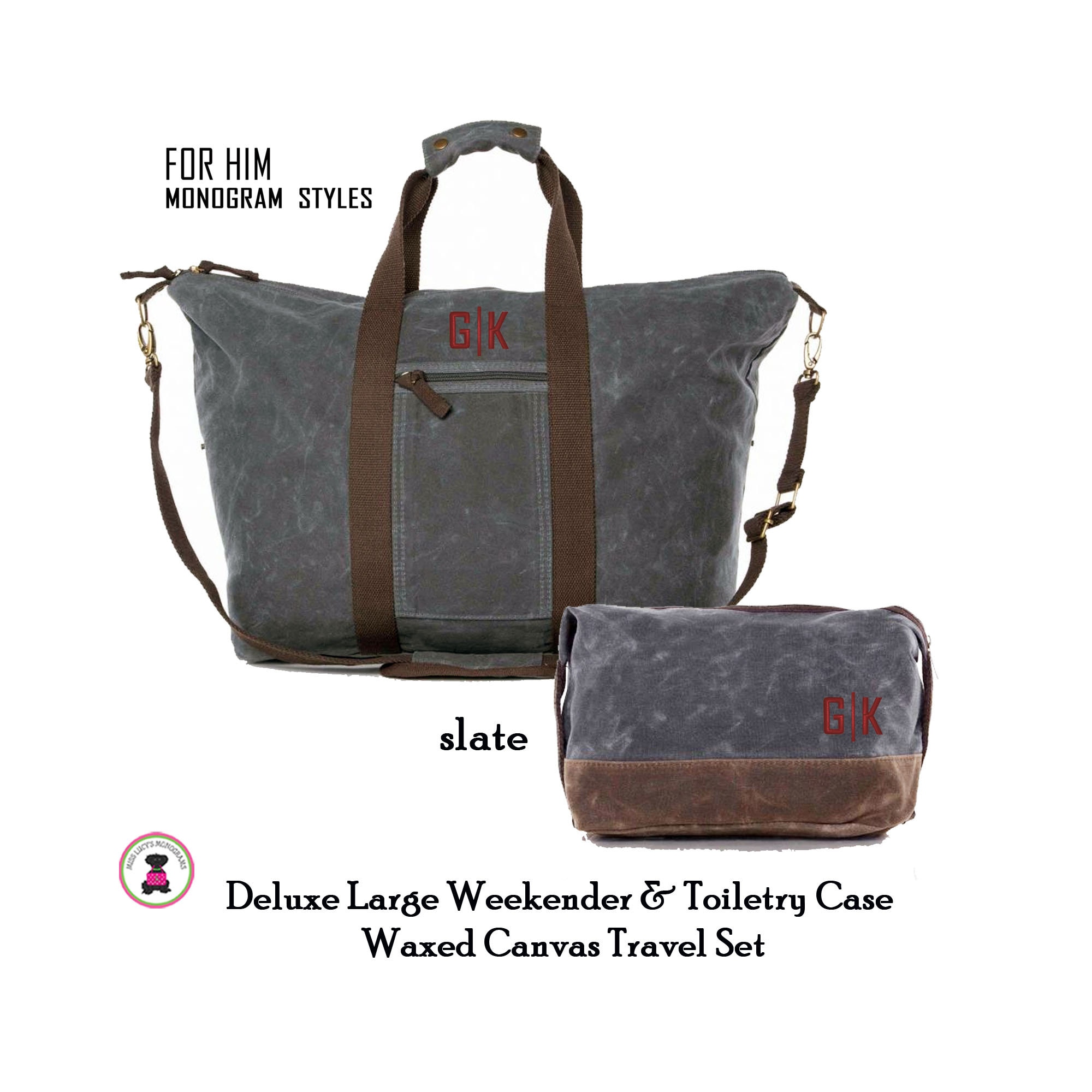 Deluxe Waxed Canvas Weekender Tote & Dopp Kit Travel Set FOR HIM with Monogram-Slate-Free Ship/Men’s Travel/Groomsmen/Father’s Day/Grad Gift
