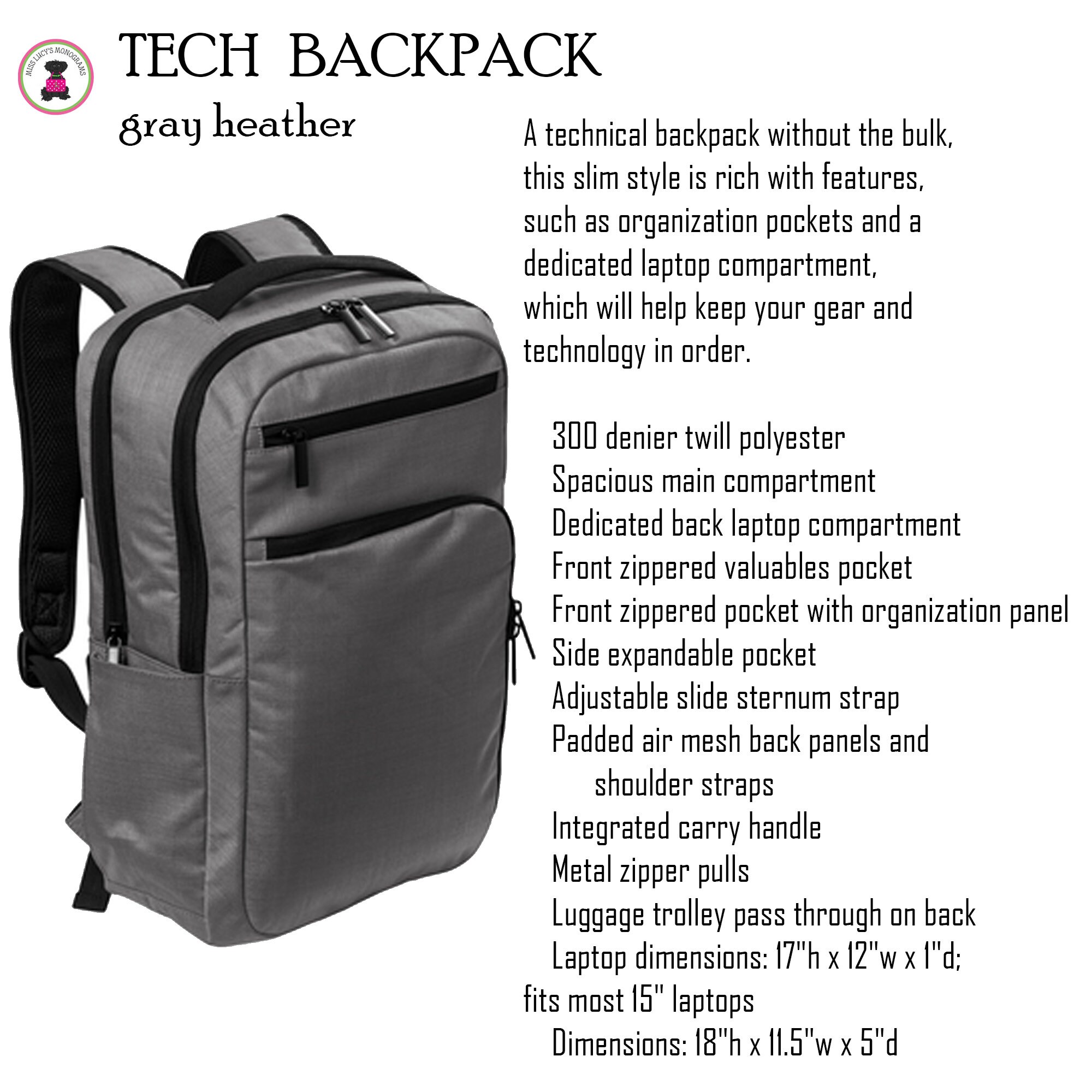 Laptop/tech Backpack W Monogram FOR Her-gray Heather.free - Etsy
