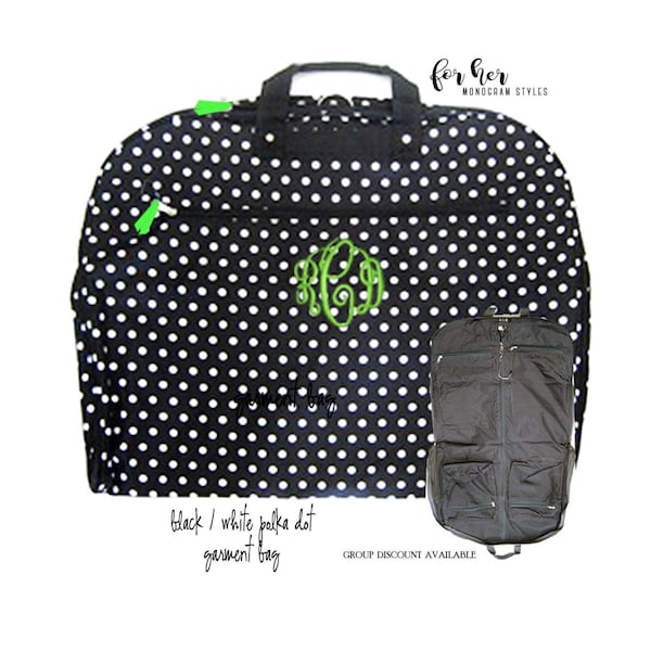 Garment Bag w FOR HER Monogram-Black/White Polka Dot-Free Ship.Girl Dress Bag.Flower Girl Gift.Grad Gift.Cheer.Dancer Gift.Bat Mitzvah Gift.