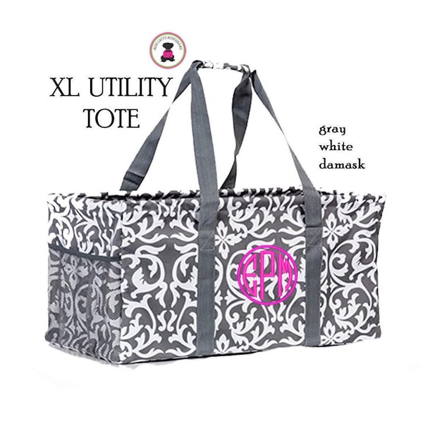 FOR HER Personalized XL Utility Tote/Trunk Organizer-Gray/Wht Damask-Free Ship/Teacher/Hospital/sports mom/Grocery/Picnic/Beach/Carry all