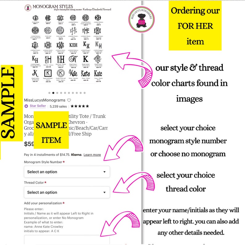 May include: A pink, yellow, and white graphic with instructions on how to order a personalized tote bag. The graphic includes a sample tote bag, a list of monogram styles, and a section for adding personalization details. The text reads "Ordering our FOR HER item", "our style & thread color charts found in images", "select your choice monogram style number or choose no monogram", "select your choice thread color", and "enter your name/initials as they will appear left to right. You can also add any other details needed."