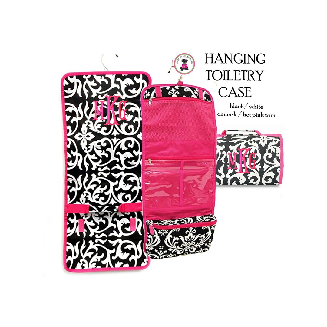 Hanging Toiletry Travel Case With Monogramblack/white Damask&hot Pink