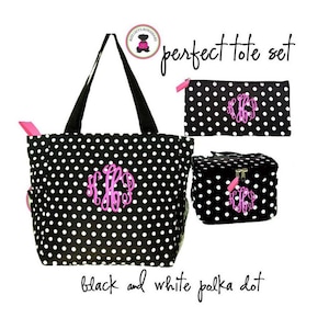 Perfect Tote Travel Set-3 Piece w Monogram-Black/White Polka Dot-Free Ship.Tote Set.Bridesmaid Gift.Grad Gift.Dancer.Cheer Gift.Mom Gift